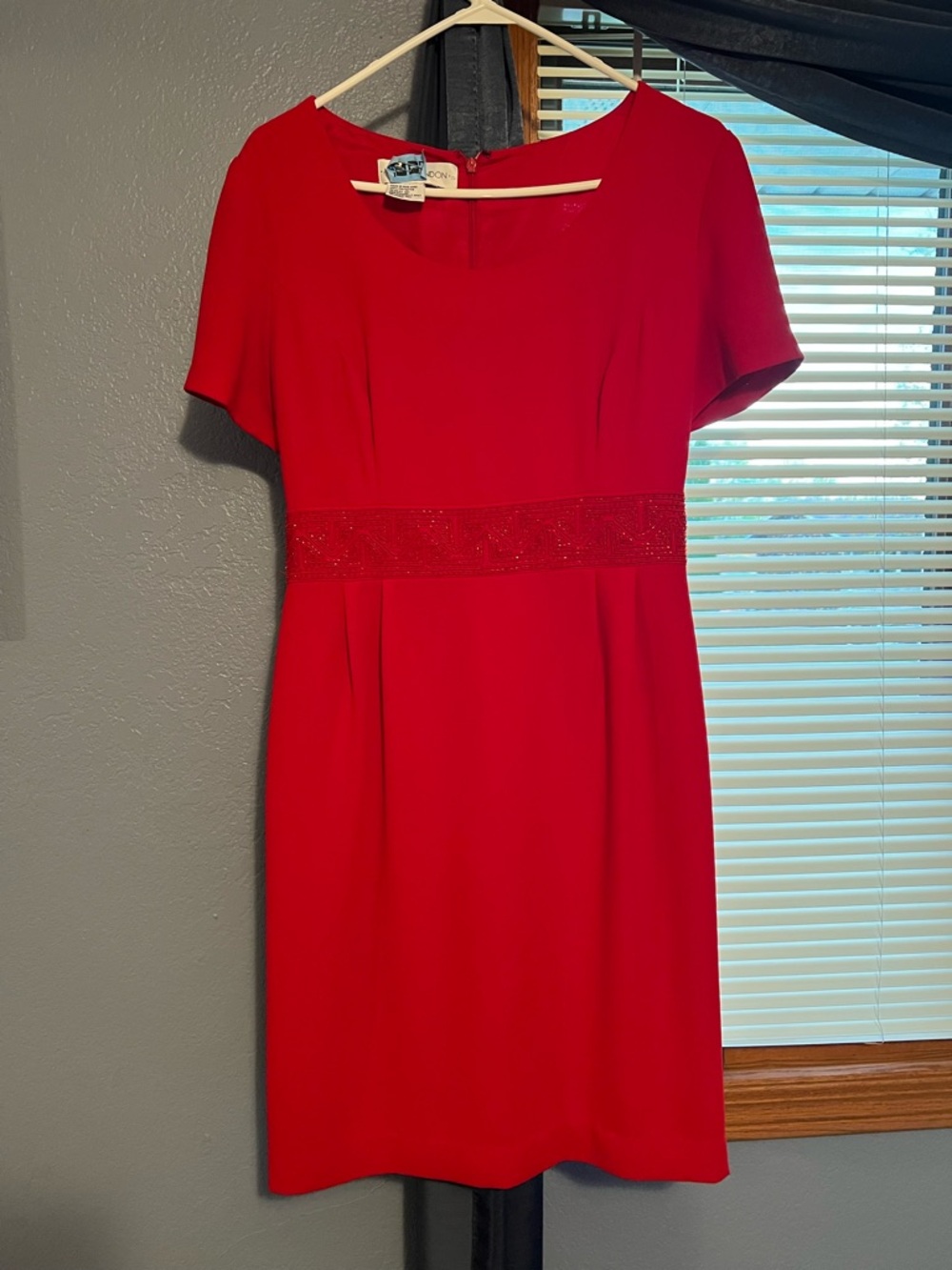 Maggy London Red Short Sleeve Sheath Dress with Beaded Waistband